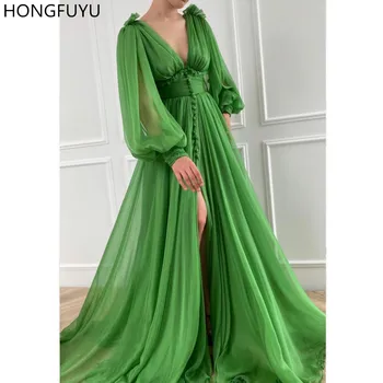 HONGFUYU Šifono Ilgai Prom Dresses Žalia V-kaklo, ilgomis Rankovėmis, Vakaro Suknelės, kurių Priekis Mygtuką Ritininės vestidos do baile de finalą