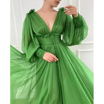 HONGFUYU Šifono Ilgai Prom Dresses Žalia V-kaklo, ilgomis Rankovėmis, Vakaro Suknelės, kurių Priekis Mygtuką Ritininės vestidos do baile de finalą
