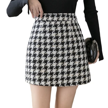 Houndstooth Pledas Vilnonis Mini Sijonai Moterims Aukšto Juosmens Office Lady-Line Pieštuku Sijonas Derliaus Slim Fit Elegantiškas Clubwear X741