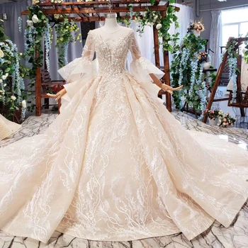 HTL681 dubajus prabangių vestuvių suknelė su royal traukinio blyksnius rankovės backless klostyti duobute nuotakos suknelės, vestidos de noiva 