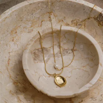 HUANZHI 2020 Nauja Madinga Aukso Geometrinis Ovalo formos Dvigubu Sluoksniu Natūralių Perlų Pakabukas Grandinės Karoliai Clavicle Choker Moterų Papuošalai