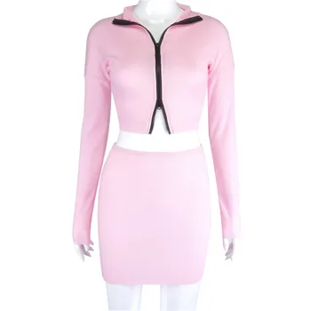 Hugcitar 2020 ilgomis rankovėmis ziper cardigan sijonas 2 dalių komplektas rudens žiemos moterų mados rožinė grynas tracksuit