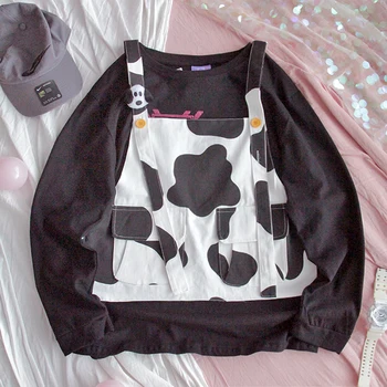 HWLZLTZHT Rudenį Karvė spausdinti marškinėliai moterims Kawaii korėjos Puloveris Prarasti Atsitiktinis Viršūnes Harajuku Streetwear Viršutiniai drabužiai Liemenė