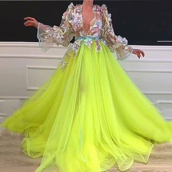 Ilgomis Rankovėmis Giliai V-Kaklo Prom Dresses 2020 chalatas de soiree 3D Gėlės Elegantiškas Vakare Gown Moterų платье на выпускной