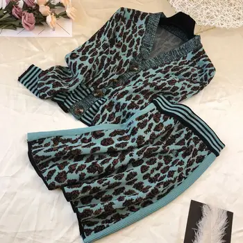 Ilgomis Rankovėmis V-kaklo, Leopardas Dryžuotais Rankogaliais Ploni Megztiniai Megztinis Žodį Sijonas Moters Kostiumas Atsitiktinis Mados 2019 M. Rudenį Naujų