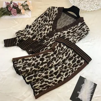 Ilgomis Rankovėmis V-kaklo, Leopardas Dryžuotais Rankogaliais Ploni Megztiniai Megztinis Žodį Sijonas Moters Kostiumas Atsitiktinis Mados 2019 M. Rudenį Naujų