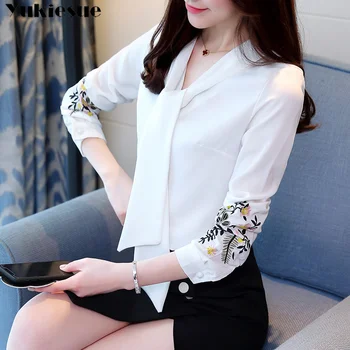 Ilgos rankovės siuvinėjimas šifono palaidinė moterų viršūnes ir palaidinės, marškinėliai 2019 office lady marškinėliai moterims topai blusas moteriška palaidinė