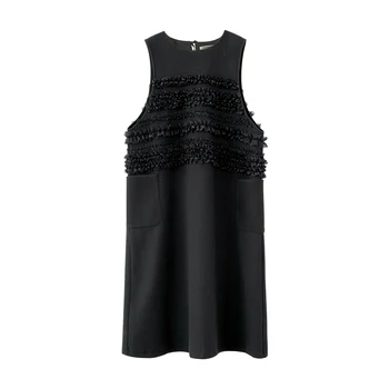 Imakokoni originalus juodas vidutinio ilgio suknelė moteriška rudens ir žiemos prarasti rankovių dugno liemenė-sijonas