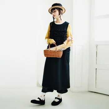 Imakokoni originalus juodas vidutinio ilgio suknelė moteriška rudens ir žiemos prarasti rankovių dugno liemenė-sijonas