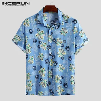 INCERUN Vasaros Mados vyriški Havajų Marškinėliai Gėlių Spausdinti 2021 Atsitiktinis Trumpas Rankovės Atvartas Paplūdimys Marškinėliai Atostogų Streetwear Camisa
