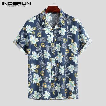 INCERUN Vasaros Mados vyriški Havajų Marškinėliai Gėlių Spausdinti 2021 Atsitiktinis Trumpas Rankovės Atvartas Paplūdimys Marškinėliai Atostogų Streetwear Camisa