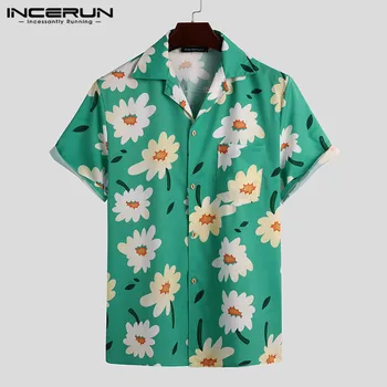 INCERUN Vasaros Vyrų Havajų Marškinėliai Paplūdimys Trumpas Rankovės 2021 Gėlių Spausdinti Atvartas Streetwear Palaidinė Atostogų Atsitiktinis Camisa Masculina