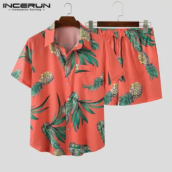 INCERUN Vasaros Vyrų Spausdintų Rinkinių Trumpas Rankovės Atvartas Paplūdimio 2021 Atostogų Marškinėliai Atsitiktinis Šortai Vyrams Havajų Kostiumas 2 vnt Streetwear