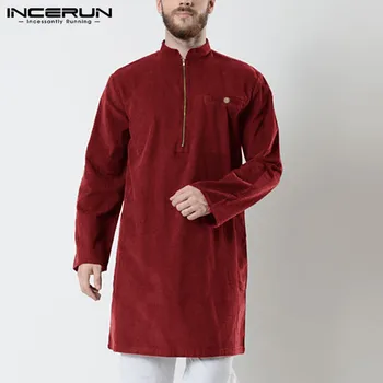 INCERUN Vyrai Ilgai Marškinėliai ilgomis Rankovėmis Užtrauktukų Musulmonų Drabužiai 2021 Stovėti Apykaklės Retro Kietas Atsitiktinis Marškinėliai Indijos Drabužiai Vyrams