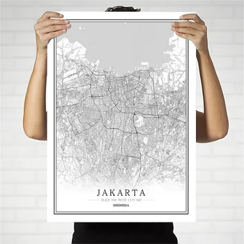 Indonezijoje, Juodos ir Baltos Miesto Žemėlapį Plakatas Šiaurės Kambarį Džakarta Bandung Sienos Menas Namų Dekoras Drobė, Tapyba Kūrybos dovana