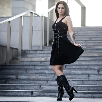 InsDoti Moterų Gotikos Derliaus Juoda Mini Suknelė Streetwear Punk Diržas Kratinys Užtrauktukas Iki Suknelę Harajuku Aukšto Juosmens Mini Suknelės