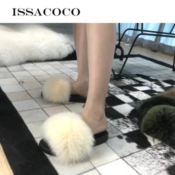 ISSACOCO Moterų Fox Fur Šlepetės Nekilnojamojo Fox Plaukų Skaidres Moterų Furry Patalpų Fifo Atsitiktinis Paplūdimio Sandalai Pūkuotas Pliušinis Batai