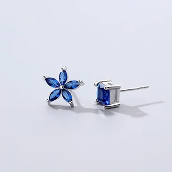 Išskirtinį korėjos Stiliaus Geometrinis Gėlių Stud Auskarai 925 sterlingas sidabro Asimetrinė Mėlyna Cirkonis Mados Moterų Auskarai