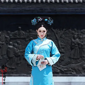 J.'Er Mėlyna Čing Dinastija Princesė QiFu Kostiumas Senovinių Kostiumų Kinijos Viešbučio Padavėja Kostiumas Hanfu