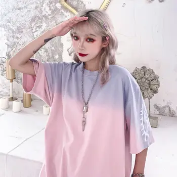 Japonija Kawaii T-shirt Viršūnes Moterų Kietas Pusė Rankovės Animacinių filmų Tee Marškinėliai Vasarą Ponios Prarasti Hip-Hop Kaklaraištis Dažyti Marškinėlius Streetwear Mergaitės