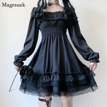 Japonijos Gothic Lolita Dress Moterų 2021 Juoda Nėrinių Šalis Mini Suknelė Moterų Atsitiktinis Sluoksniuotos Rankovėmis Ponios Suknelės Femme Skraiste 13242