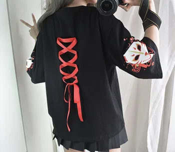 Japonijos Harajuku Moterų Marškinėliai Derliaus Spausdinimo Black T-shirt Atgal Tvarstis Trumpas Rankovės Lady Viršūnės Vasarą Laisvi Tee 39004