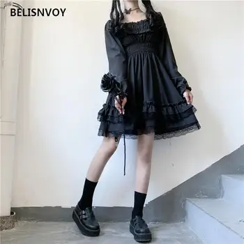 Japonijos Lolita Stiliaus Moteris Juoda Mini Suknelė Aikštėje Apykaklės Aukštos Juosmens Sluoksniuotos Rankovėmis Suknelė Gotikos Raukiniai, Nėriniai Cosplay Suknelės