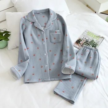 Japonijos naująją rudens ir žiemos ilgomis rankovėmis kelnės, grynos medvilnės oro medvilnė, šiltas ponios pižama, namų paslauga sleepwear