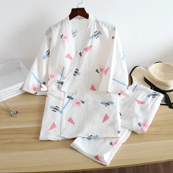 Japonijos Sakura kimono Medvilnės Marlės, moteriškos Pižamos Rinkiniai Pižama Mielas Viršuje+Kelnes 2vnt Pijamas mujer Sleepwear Namų Drabužiai