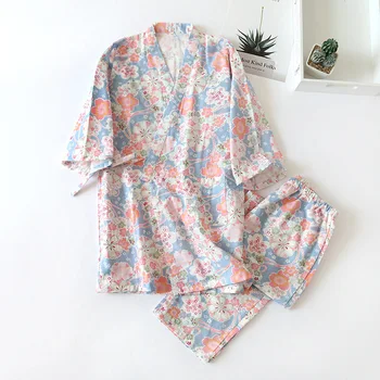 Japonijos Sakura kimono Medvilnės Marlės, moteriškos Pižamos Rinkiniai Pižama Mielas Viršuje+Kelnes 2vnt Pijamas mujer Sleepwear Namų Drabužiai
