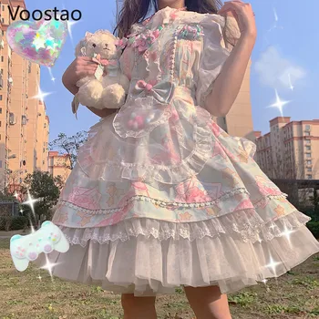 Japonijos Saldus Kawaii Jsk Lolita Dress Moterų Derliaus Viktorijos Gotika Animacinių Filmų Rankovių Lankas Nėrinių Princess Arbatėlė Suknelės