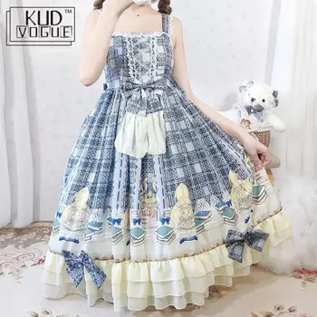 Japonijos Saldus Lolita Dress Kawaii Petnešos Pilkas Pledas Spausdinti Suknelė Vintage Gotikos Princesė Aukšto Juosmens Bowknot Pynimas Suknelė