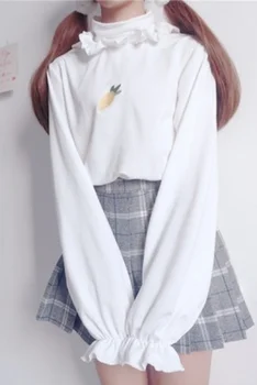 Japonijos saldus lolita Žiemą šilta, siuvinėjimo, spausdinimo Aukšta apykakle ilgomis rankovėmis marškinėliai minkštųjų mergina kawaii princesė temperamentas marškinėliai