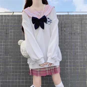 Japonijos Saldus, Minkštas Girly Preppy Stilius Atsitiktinis JK Studentų Moterų Palaidinukė 2020 M. Rudenį Sailor Apykaklės Visą Rankovėmis Marškinėliai Lady Kailis