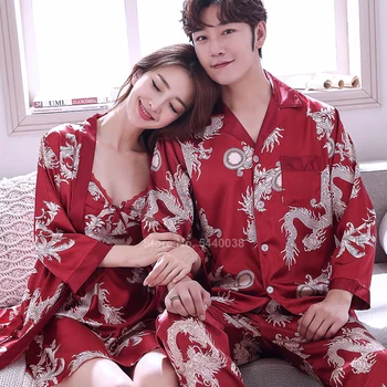 Japonijos Sleepwear už Poros Drabužių Sklandžiai Šilko Dragon Spausdinti Moterų Apdaras Haori Vyrų Pižama Nustatyti Kimono Yukata Suknelė