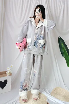 Japonų 2 Gabalas Pižama Rinkiniai Moterims Rudens Žiemos Medvilnės Storas Šiltas Prarasti Sleepwear Retro Gėlių Spausdinti Elegantiški naktiniai drabužiai