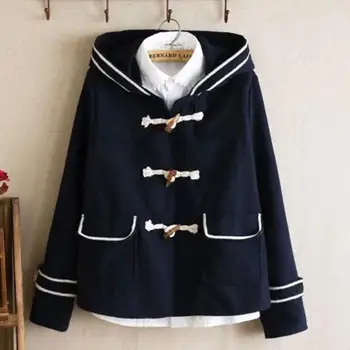 Japonų Stiliaus preppy stilius Ragų Mygtuką Vilnoniai Paltai Moterims Slim karinio jūrų Laivyno Gobtuvu Šiltos Žiemos Mišiniai Striukė mokyklines Uniformas