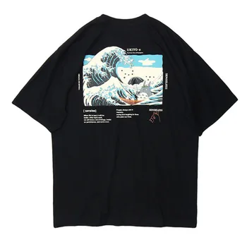Japonų Ukiyo Totoro Katė Banga Spausdinti Streetwear T Shirts 2020 Metų Vasaros Mens Hip-Hop Atsitiktinis Trumpomis Rankovėmis Viršūnes Tees Vyrų Tshirts