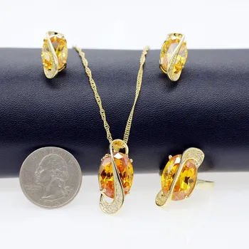 JAV vertybinių POPIERIŲ Uloveido Geltonos Aukso Spalvos Kristalų Papuošalai Vestuvių Parure Bijoux Femme Žiedą, Karoliai ir Auskarai, Papuošalų Rinkiniai Y183