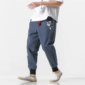 JDDTON Naujas Vyrų Išsiuvinėti Haremo Kelnės Pluošto Kojų Kelnių Prarasti Atsitiktinis Hip-Hop Japonijos Vyrų Mados Harajuku Streetwear JE618
