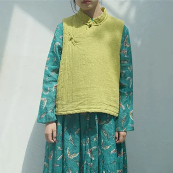 Johnature Moterų Kinų Stiliaus Medvilnės Marškinėliai 2020 M. Rudens Žiemos Originalus Vintage Berankovis O-Kaklo Mygtuką Plius Medvilnės Marškinėliai