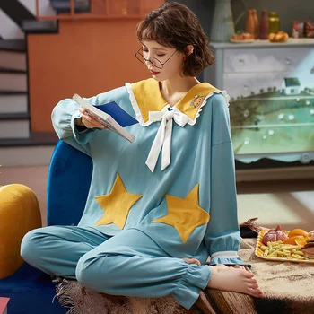 JRMISSLI Sleepwear Rinkiniai Moterims Pyjama Modelio Pižama Nustatyti Medvilnės ilgomis Rankovėmis + Ilgos Ziajać Namų Drabužiai Lady Apatiniai Pijamas
