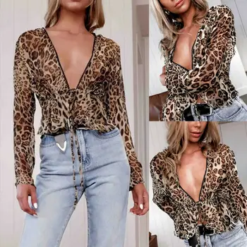 Jungtinė karalystė Moterys, Leopardas spausdinimui ilgomis Rankovėmis Marškinėliai Topai Ponios Prarasti Palaidinė Plius Dydis S-XL