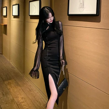 Juoda Kinijos Elegantiška Suknelė Moterims Derliaus Mandarinų Apykaklės Moterų Sexy Aukštos Padalinta ilgomis Rankovėmis Slim Qipao Klasikinis Cheongsam