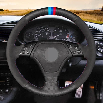Juoda natūralios Odos Juoda Suede Wrap Naujo Stiliaus Automobilio Vairo Dangtelis BMW E36 1996-2000 M. E46 1998-2000