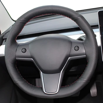 Juoda natūralios odos rankų siuvimo automobilio vairo dangtelis Tesla Model 3 2017 2018 2019 nerijos padengti atveju priedai