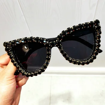 Juodos Kristalų Akiniai nuo saulės Moterims, Katės akis Vintage akiniai nuo saulės Prabanga Saulės akiniai Moters, Negabaritinių Mados Atspalvį Gafas UV400