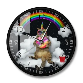 Juokinga Meowgical Vienaragis Katė Su Rainbow Spurgos HD Spausdinti Sieninis Laikrodis Caticorn Katė Sienos Menas Mergaitės Kambario Sienos Žiūrėti Kačių Mylėtojai Dovana