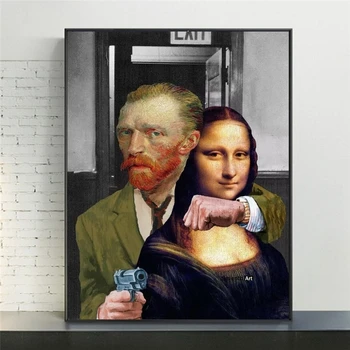 Juokinga Pop Art Van Gogas ir Mona Lisa Drobės Plakatai ir Spausdinimo Abstraktūs Paveikslai ant Drobės, Sienos Nuotraukas, Namų Dekoro Cuadros