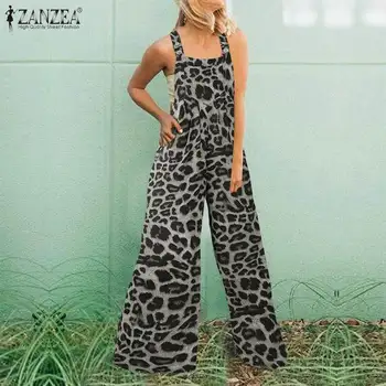 Kaftan Vasaros darbo drabužiai Moterų Leopard Jumpsuits 2021 ZANZEA Atsitiktinis Suspender Pločio Kojų Playsuits Moterų Spausdinti Rompers Kelnės